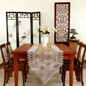 European Style Lace Hollow Embroidery Table Runner Dark Brown Polyester Fabric Decorative Tablecloth For Dining Room Living Room