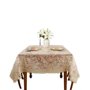European style rectangular tablecloth with delicate lace floral border for home dining table.