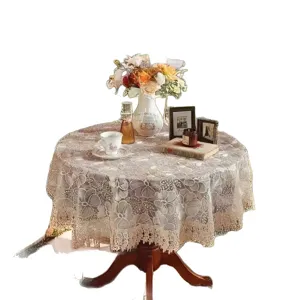 Elegant lace floral round tablecloth, sheer voile fabric table cover for home and coffee table.