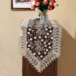 American Style Floral Embroidery Lace Table Runner Vintage Burgundy Table Cloth For Dining Room Home Decor
