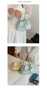 Chic pleated cloud handbag with unique beaded handle, stylish PU leather purse for women daily use.