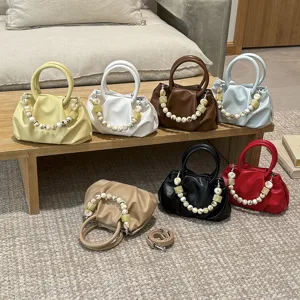 Women Fashion PU Leather Ruched Cloud Bag Casual Solid Color Crossbody Shoulder Bag Handbag With Beaded Pendant