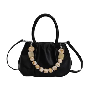 Black pleated cloud bag with marble bead chain, stylish women's shoulder crossbody handbag.