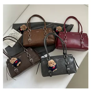 Stylish PU leather shoulder bag set with cute bear keychain for women commuter daily use