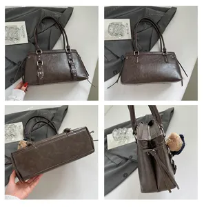 Retro brown PU leather shoulder bag and tote, multi-angle view showing premium commuting style.