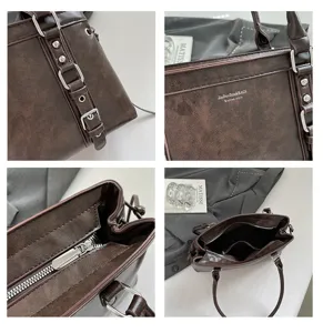 Brown PU leather shoulder bag women large capacity tote bag commute minimalist daily handbag