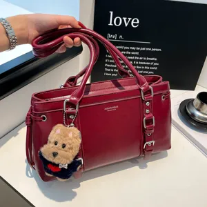Women Large Capacity Tote Bag PU Leather Commuter Shoulder Bag Fashion Simple Casual Underarm Handbag With Pendant
