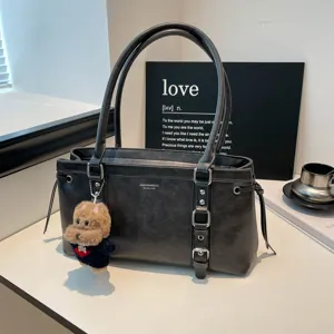 Stylish dark grey tote bag PU leather shoulder bag large capacity daily commute casual handbag