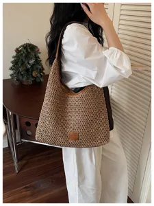 Borsa a spalla in paglia intrecciata estiva borsa tote hobo da spiaggia casual donna.