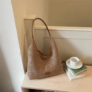 Borsa a spalla in paglia intrecciata estiva, borsa mare hobo casual per vacanze e tempo libero.