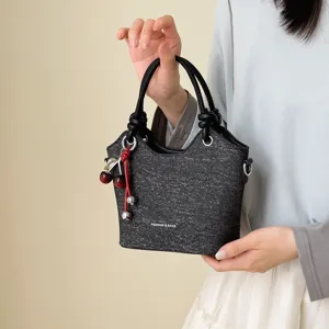 Women stylish commuter handbag shoulder bucket bag with cute cherry charm, dark grey texture