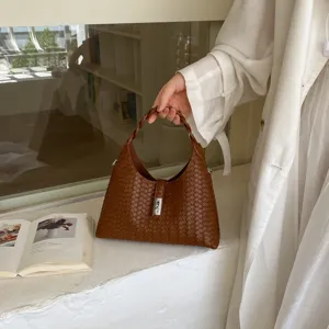 Women Fashion Woven PU Leather Underarm Bag Minimalist Casual Large Capacity Solid Color Shoulder Crossbody Bag