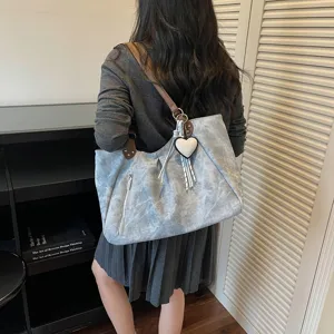 Korean style fashion large capacity shoulder bag women retro casual daily commute tote bag blue
