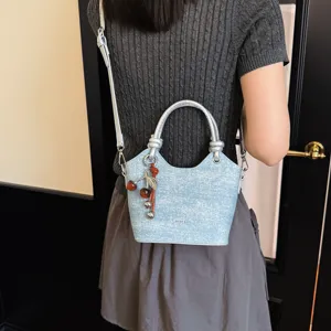 Stylish casual women handbag light blue shoulder bag bucket bag with cute cherry charm