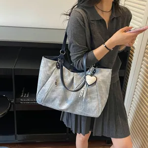 Korean style large capacity shoulder tote bag for women, casual grey PU leather handbag