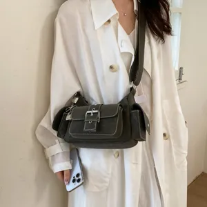 Sac à épaule rétro vert foncé à poches multiples pour femme, sac bandoulière tendance.