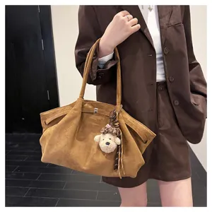 Brown suede tote bag for women large capacity shoulder bag casual daily commuting commuter bag