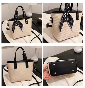 Detailed view of women woven tote bag with black leather trim and scarf, showing multiple angles.