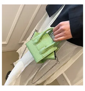 Mini green snake print crossbody bag, stylish women's PU leather top handle chain handbag.