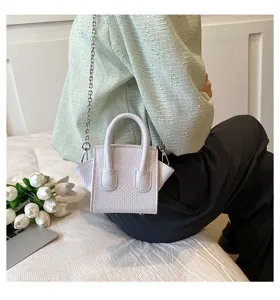 Mini white textured crossbody bag with chain strap and top handles for women trendy style