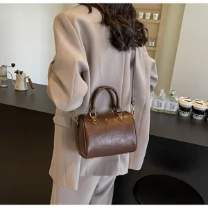 Women brown leather boston handbag vintage minimalist shoulder crossbody bag daily commute style