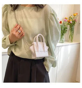 Detailed view of a trendy mini handbag featuring textured design and metal chain strap.
