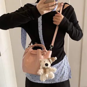 Women fashion retro pink bucket bag chic versatile shoulder crossbody bag with cute bear.