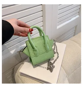 Mini green snakeskin pattern handbag with chain strap, stylish trendy crossbody mini bag.