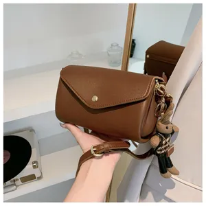 Women Brown PU Leather Crossbody Bag Casual Vintage Shoulder Bag with Cute Bear Pendant