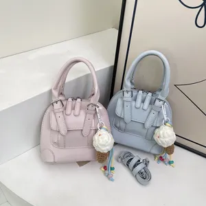 Women Fashion PU Leather Crossbody Bag Korean Style Retro Small Handbag With Ice Cream Pendant Shoulder Bag