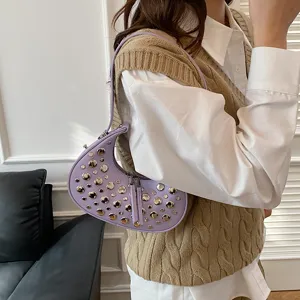 Purple studded crescent shoulder bag underarm punk style handbag for women retro fashion