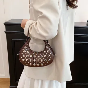 Punk style brown leather hobo shoulder bag with silver metallic studs for women fashion daily
