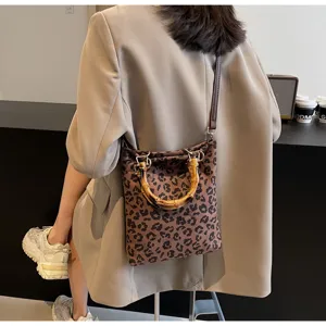 Leopard print handbag with bamboo handle vintage casual shoulder bag for women daily commute