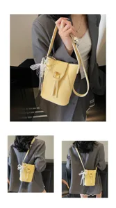 Small yellow mini bucket bag for women, PU leather phone cross body bag with cute pearl bow.