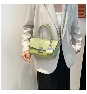 Chic light green women shoulder crossbody bag, retro PU leather woven commuter handbag.
