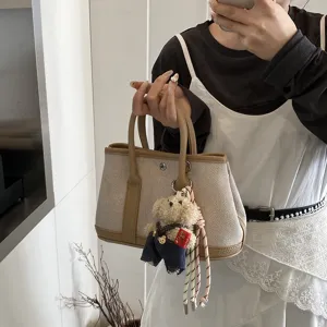 Fashion Women Canvas PU Leather Tote Bag Color Block Large Capacity Casual Shoulder Crossbody Bag With Pendant