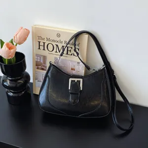 Borsa a spalla nera chic da donna, trendy borsa hobo vintage con elegante fibbia in metallo.