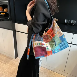 Bohemian Patchwork Canvas Tote Bag Για Γυναίκες Vintage Color Block Casual Crossbody Shoulder Bag Μεγάλης Χωρητικότητας Handbag