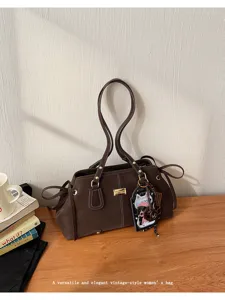 Vintage brown suede shoulder bag for women, large capacity stylish commute boston tote bag.