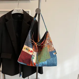 Αναστρέψιμη Βοημική Υφασμάτινη Τσάντα Vintage Colorblock Τσάντα Ώμου για Γυναίκες