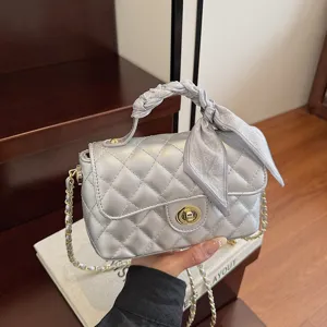 Silver quilted small square shoulder bag for women, luxury chain crossbody bag with scarf handle