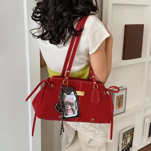 Chic red retro Boston shoulder bag for women, large capacity stylish commuter tote handbag.