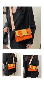 Detailed view of color-block straw PU leather crossbody Cambridge bag with wearing style.