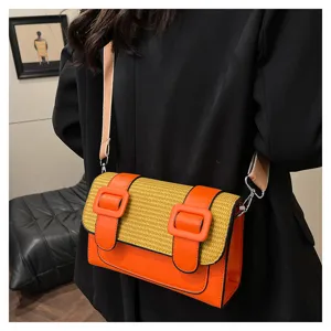 Orange yellow colorblock woven PU leather crossbody bag, stylish Cambridge satchel handbag.
