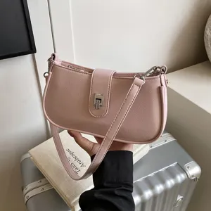 Pink PU leather shoulder bag for women, trendy chic baguette purse for daily casual commute.