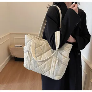 Chic quilted tote bag for women, large capacity casual diamond lattice shoulder bag.