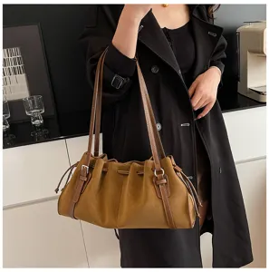 Schicke braune Damen Schultertasche mit Kordelzug Plissee Design grosse Kapazitaet Tote