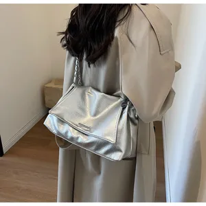 Women silver chain shoulder bag casual soft flap purse stylish autumn commuting handbag daily