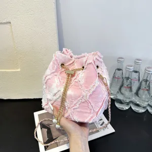 Pink denim bucket bag stylish frayed shoulder bag trendy women crossbody bag with pearls