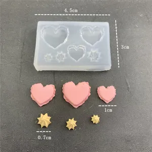 Silicone mold set for miniature clay resin crafts, heart and star shapes with size details.
